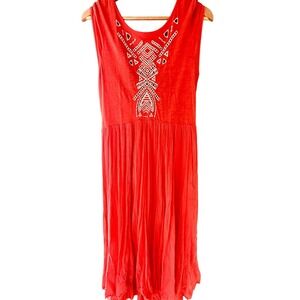 Free People Coral Orange Embroidered Eyelet Boho Midi Dress Sleeveless Medium
